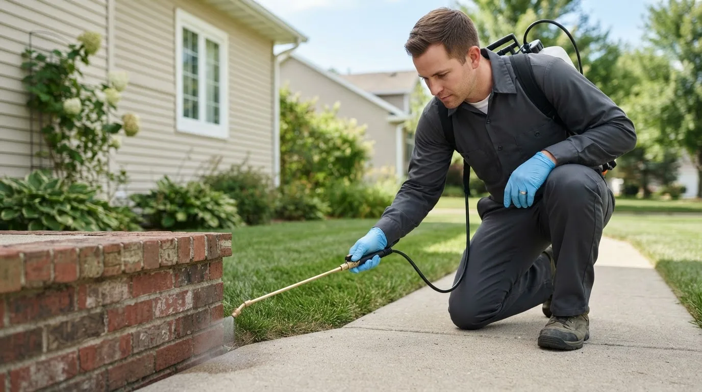 Pest control technician treating a home near Karns City, PA