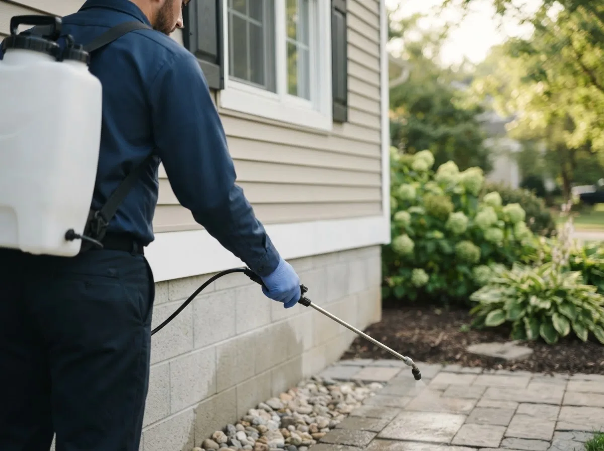Pest control technician inspecting a home in Karns City, PA